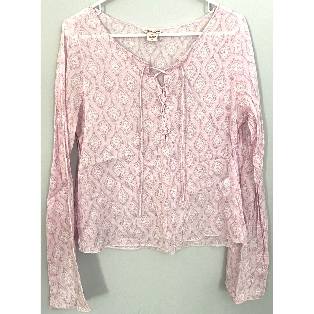 Guess Jeans Shirt Womens Large Pink Boho Paisley Lace Up Long Sleeve Peasant Top
